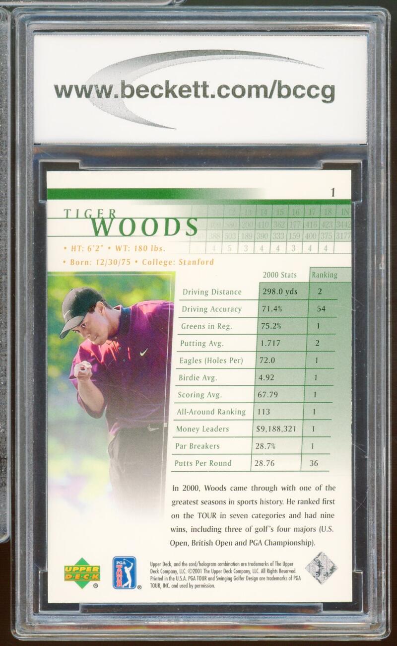 2001 Upper Deck Golf #1 Tiger Woods Rookie Card BGS BCCG 9 Near Mint+ Image 2