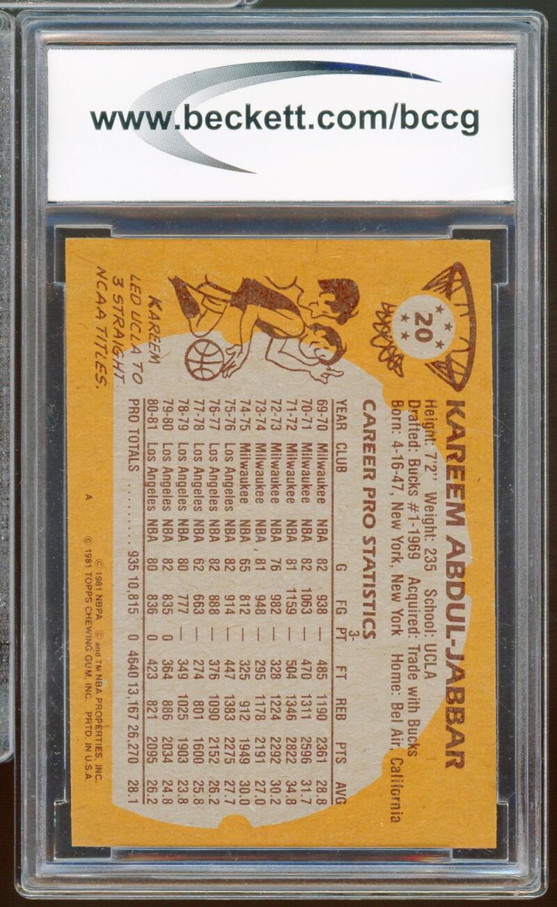 1981-82 Topps #20 Kareem Abdul-Jabbar Card BGS BCCG 9 Near Mint+ Image 2