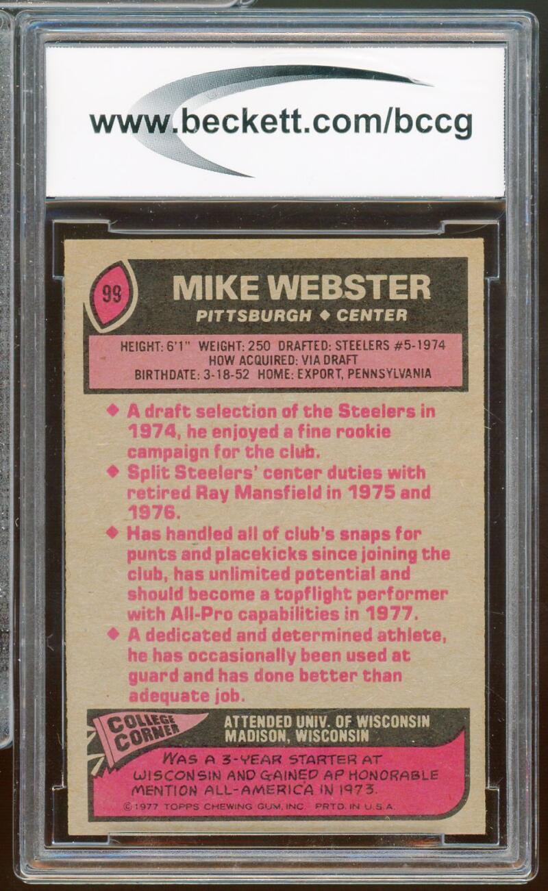 1977 Topps #99 Mike Webster Rookie Card BGS BCCG 9 Near Mint+ Image 2