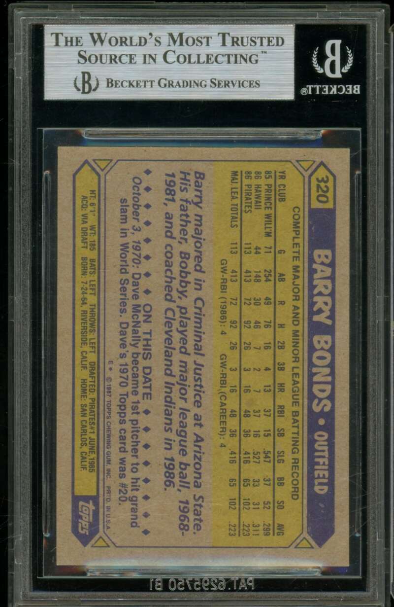 Barry Bonds Rookie Card 1987 Topps #320 BGS 8.5 Image 2