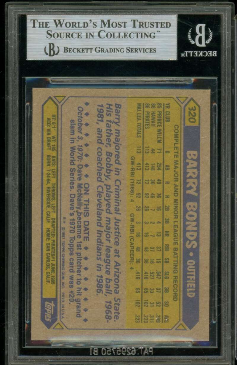 Barry Bonds Rookie Card 1987 Topps #320 BGS 8.5 Image 2