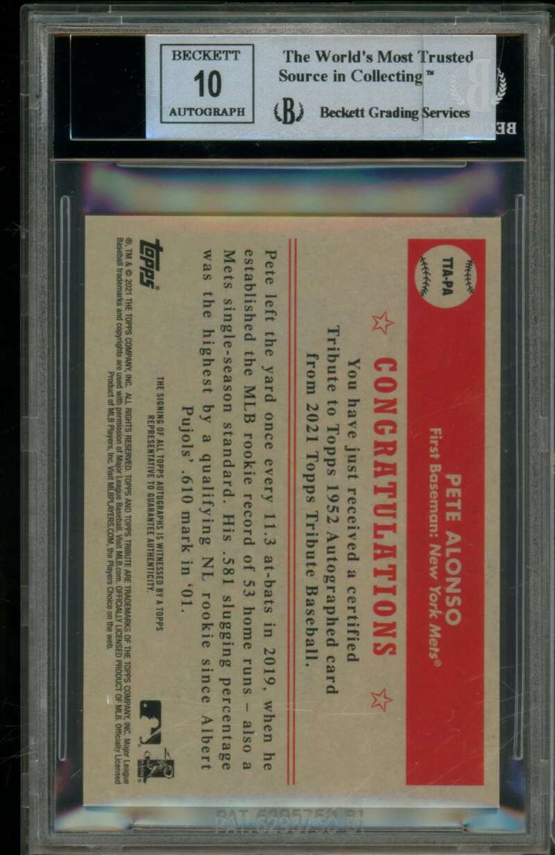 Pete Alonso Card 2021 Topps Tribute To Topps Autograph (pop 1) #TTAPA BGS 8.5 Image 2
