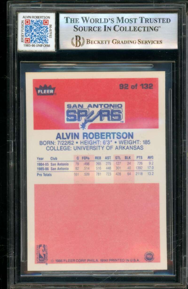 Alvin Robertson Rookie Card 1986-87 Fleer Game Used Tag #92 BGS 8.5 Image 2