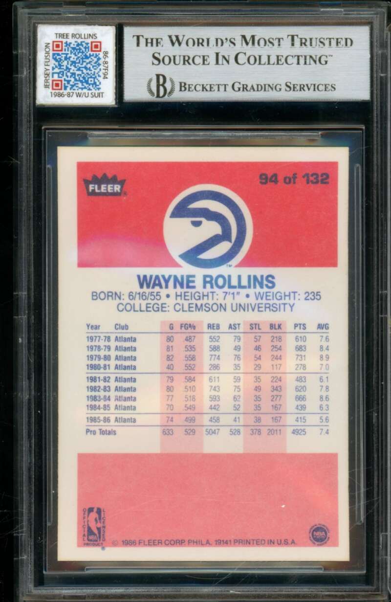 Tree Rollins Card 1986-87 Fleer Authetic Autograph Tag #94 BGS 10 Auto Image 2