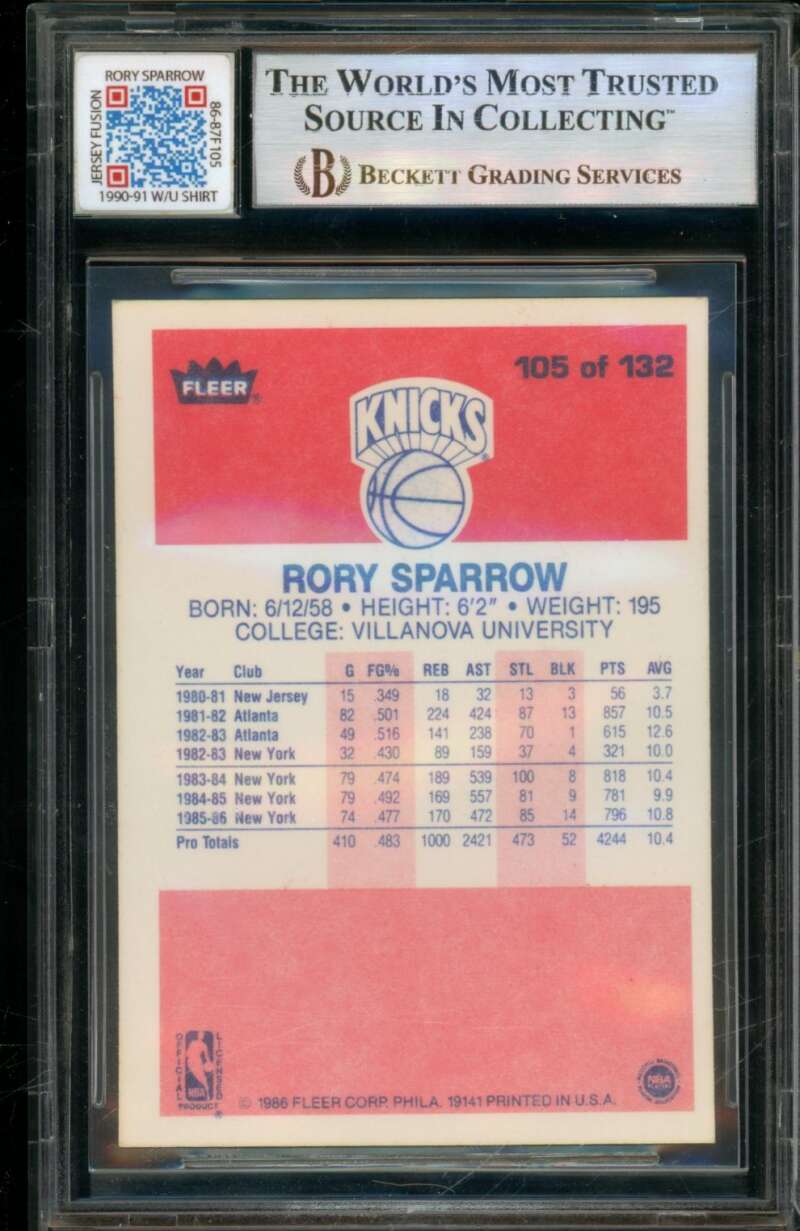 Rory Sparrow Card 1986-87 Fleer Game Used Patch #105 BGS 7 Image 2