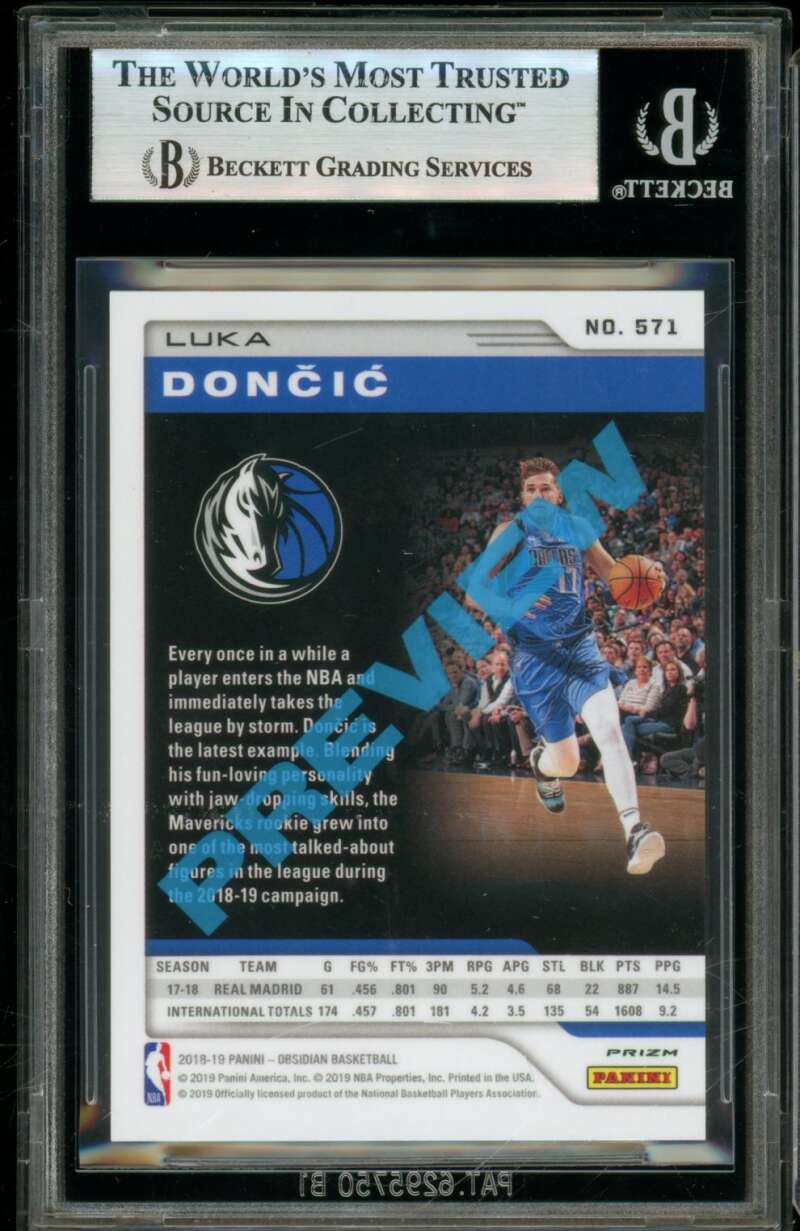 Luka Doncic Rookie Card 2018-19 Panini Chronicles Obsidian Preview #571 BGS 8 Image 2