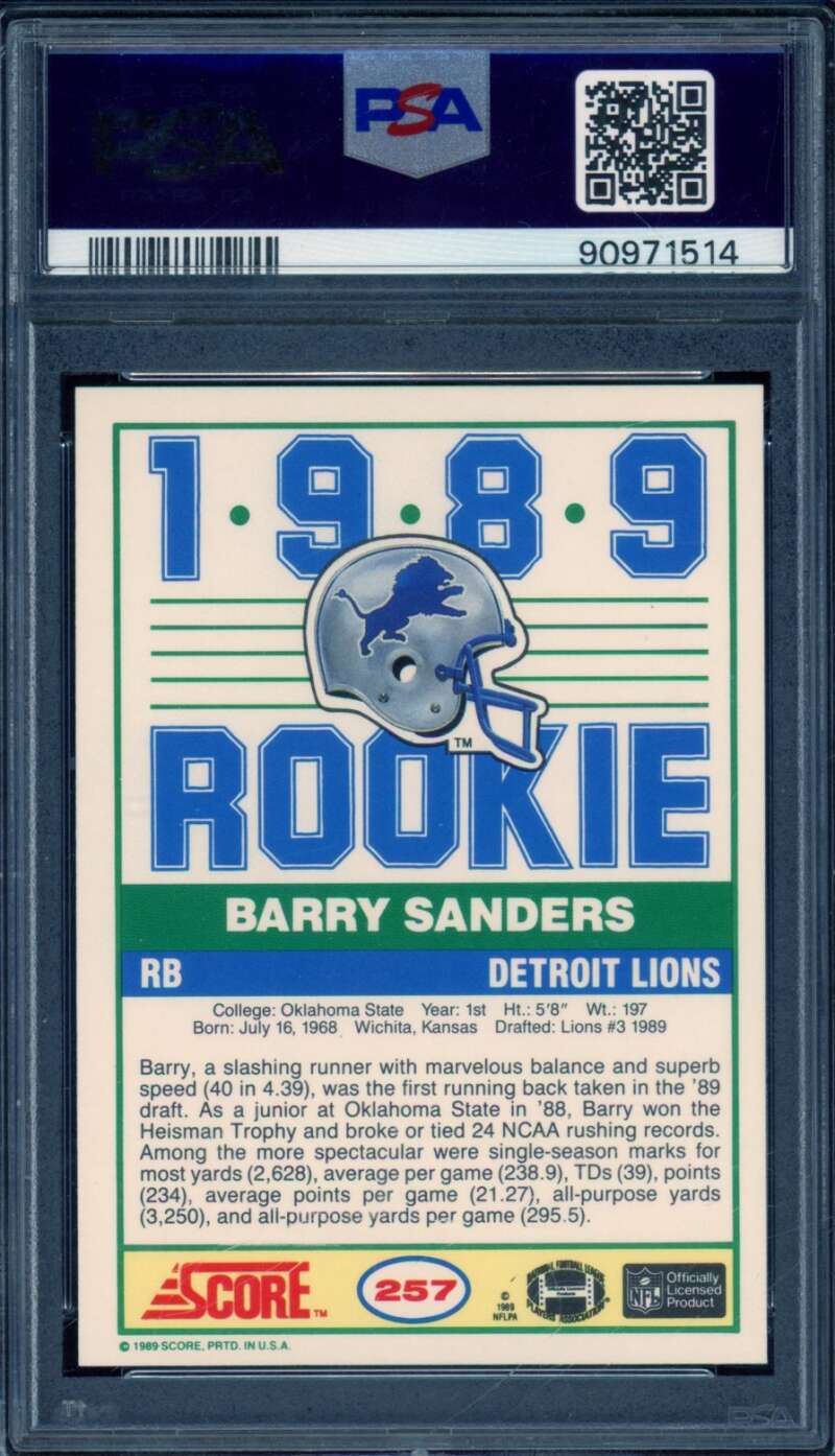 Barry Sanders Rookie Card 1989 Score #257 PSA 9 Image 2