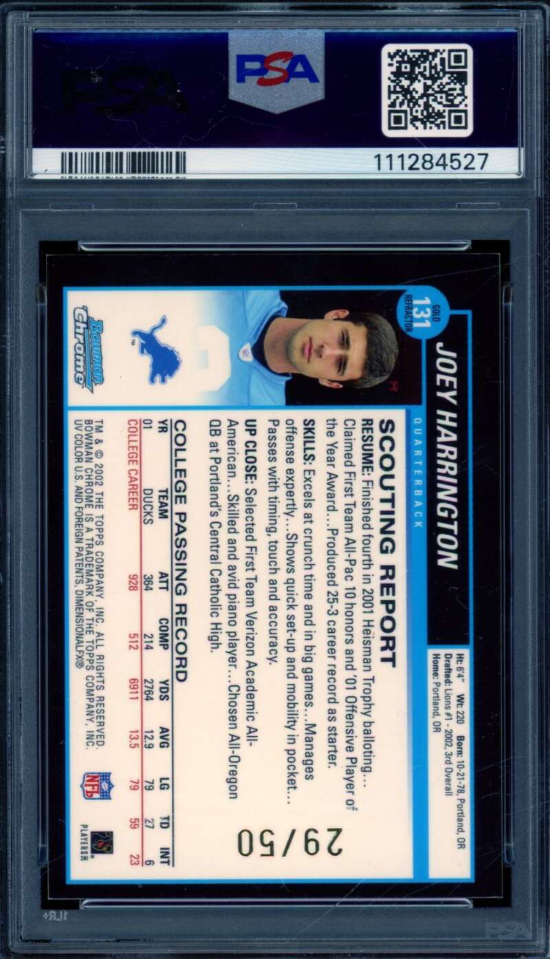 Joey Harrington Rookie Card 2002 Bowman Chrome Gold Refractor (2/50) #131 PSA 9 Image 2
