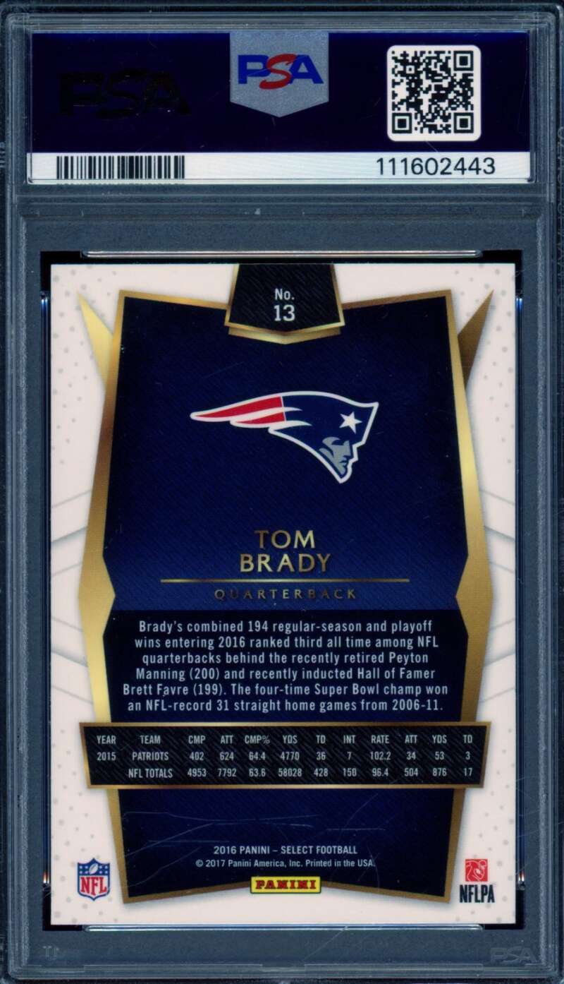 Tom Brady Card 2016 Panini Select #13 PSA 9 Image 2