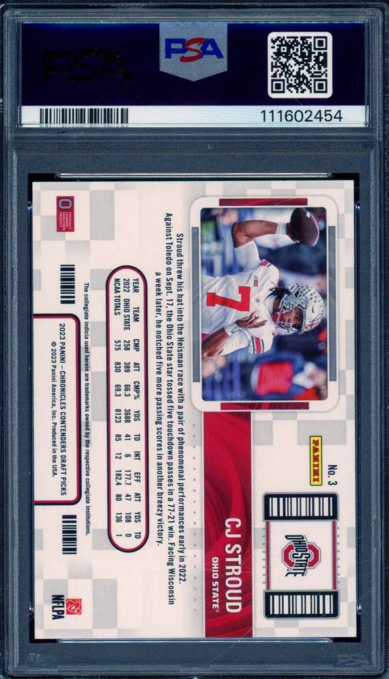 C.J. Stroud Rookie Card 2023 Chronicles DP Contenders College Ticket #3 PSA 7 Image 2