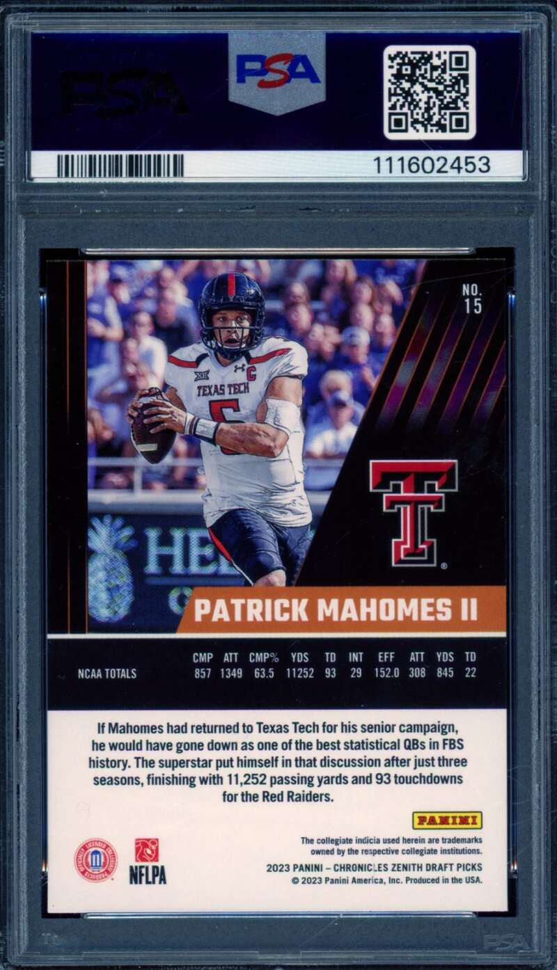 Patrick Mahomes II Card 2023 Chronicles DP Zenith (pop 11) #15 PSA 9 Image 2