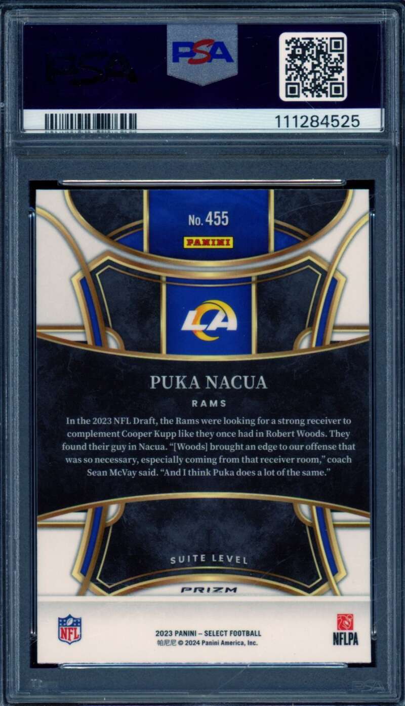 Puka Nacua Rookie Card 2023 Select Silver Prizm #455 PSA 9 Image 2