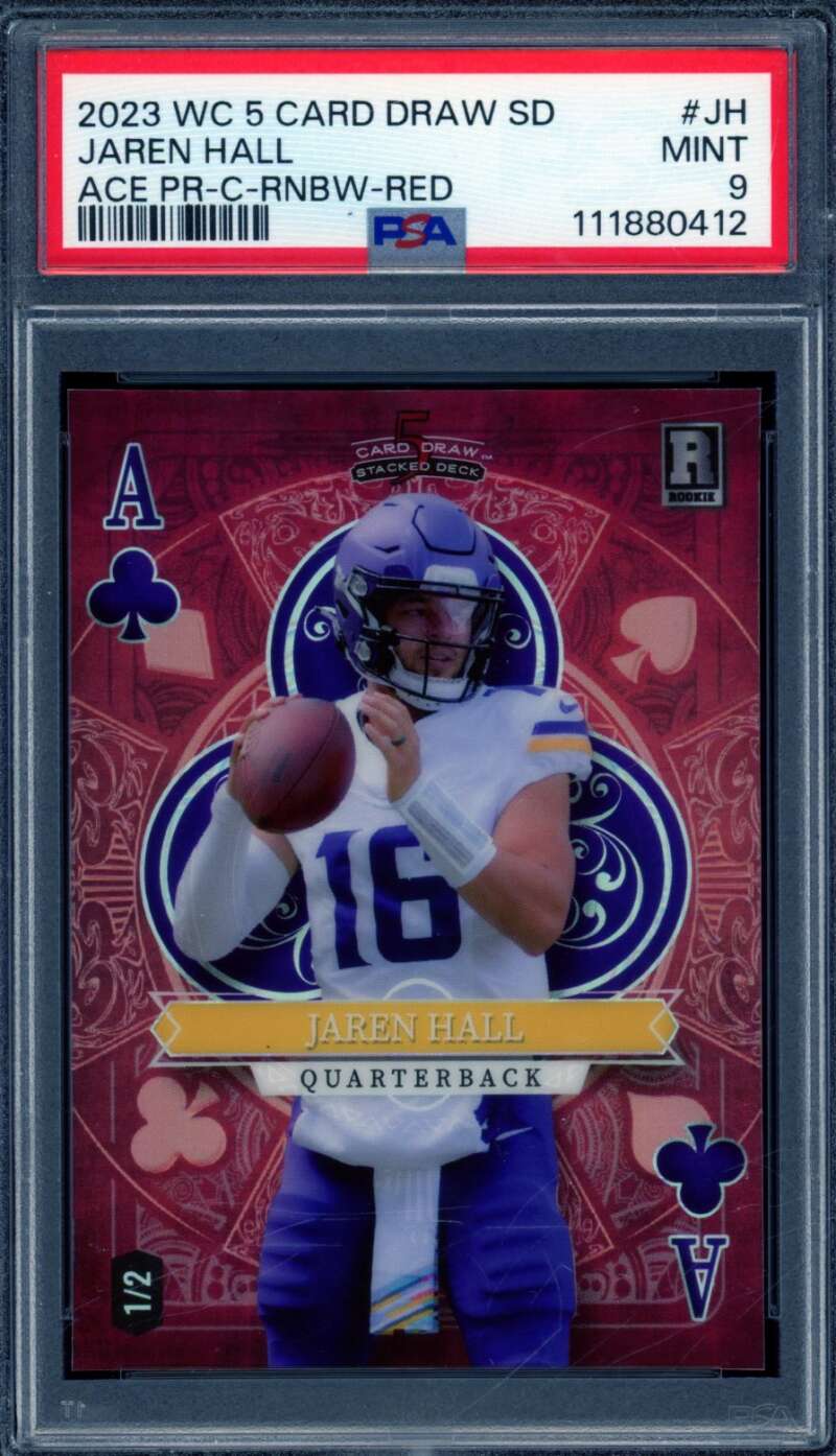 Jaren Hall Rookie Card 2023 Wild Card Draw Ace Rainbow Red (1/2) #JH PSA 9 Image 1