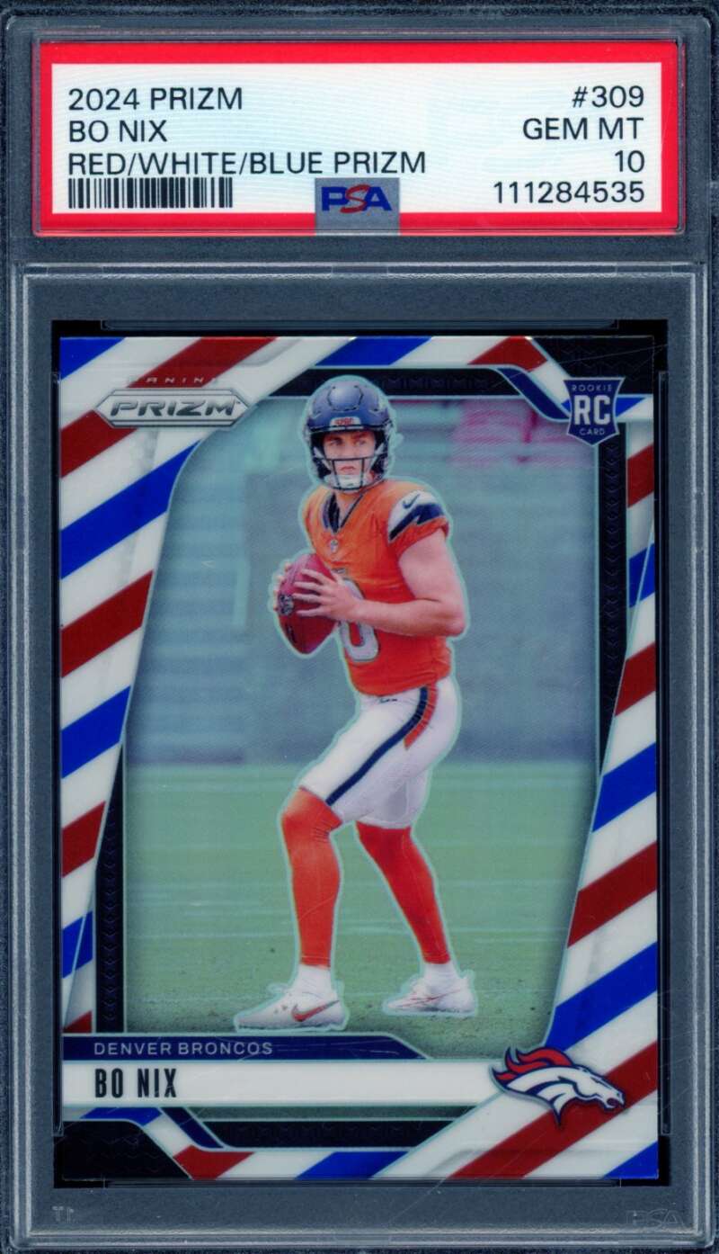 Bo Nix Rookie Card 2024 Prizm Red/White/Blue Prizm #309 PSA 10 Image 1
