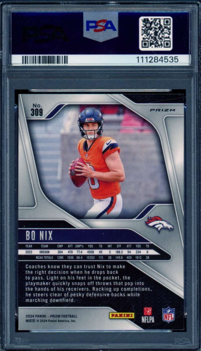 Bo Nix Rookie Card 2024 Prizm Red/White/Blue Prizm #309 PSA 10 Image 2