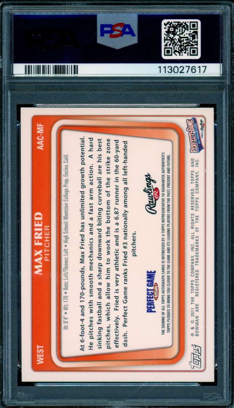 Max Fried Rookie 2011 Bowman Perfect Game All-American Classic Auto #MF PSA 9 Image 2