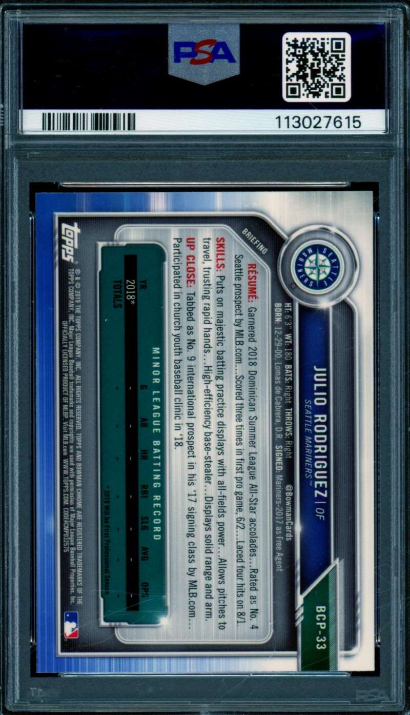Julio Rodriguez Rookie Card 2019 Bowman Prospects Chrome #33 PSA 10 Image 2