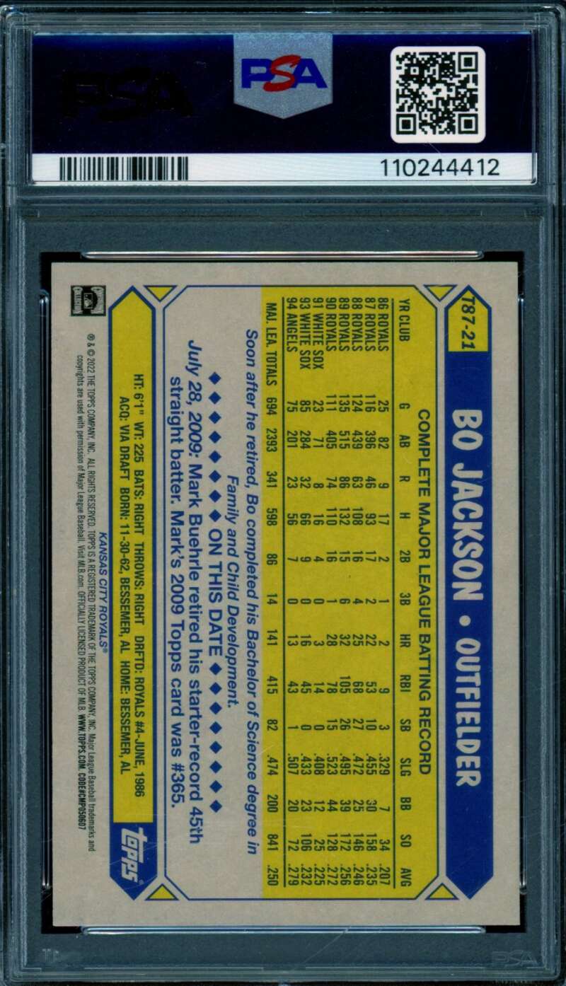 Bo Jackson Card 2022 Topps 87 Topps 35th Anniversary (pop 18) #T87-21 PSA 10 Image 2