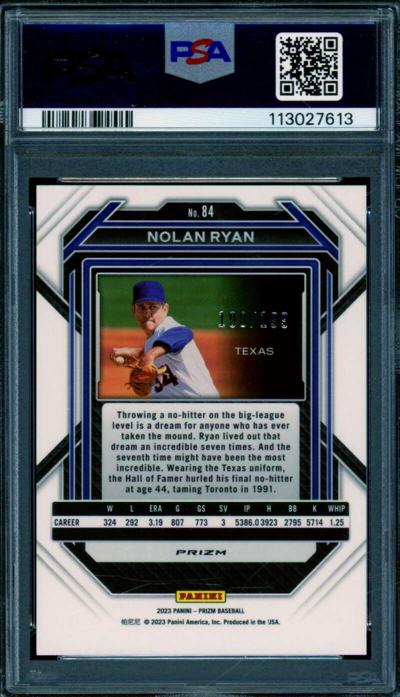 Nolan Ryan Card 2023 Prizm Red Prizm (pop 2) #84 PSA 9 Image 2
