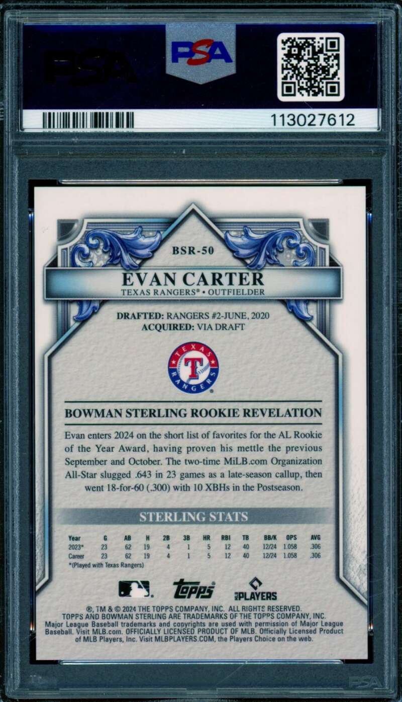 Evan Carter 2024 Bowman Sterling Rookies Copper Refractor (3/15) #BSR50 PSA 10 Image 2