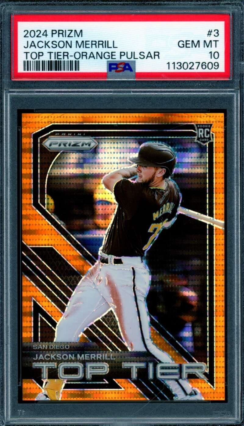 Jackson Merrill Rookie Card 2024 Prizm Top Tier Orange Pulsar (pop 5) #3 PSA 10 Image 1