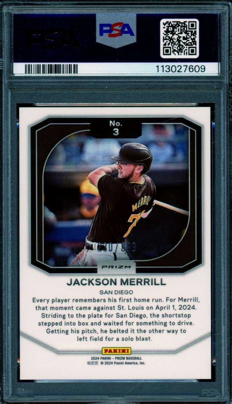Jackson Merrill Rookie Card 2024 Prizm Top Tier Orange Pulsar (pop 5) #3 PSA 10 Image 2