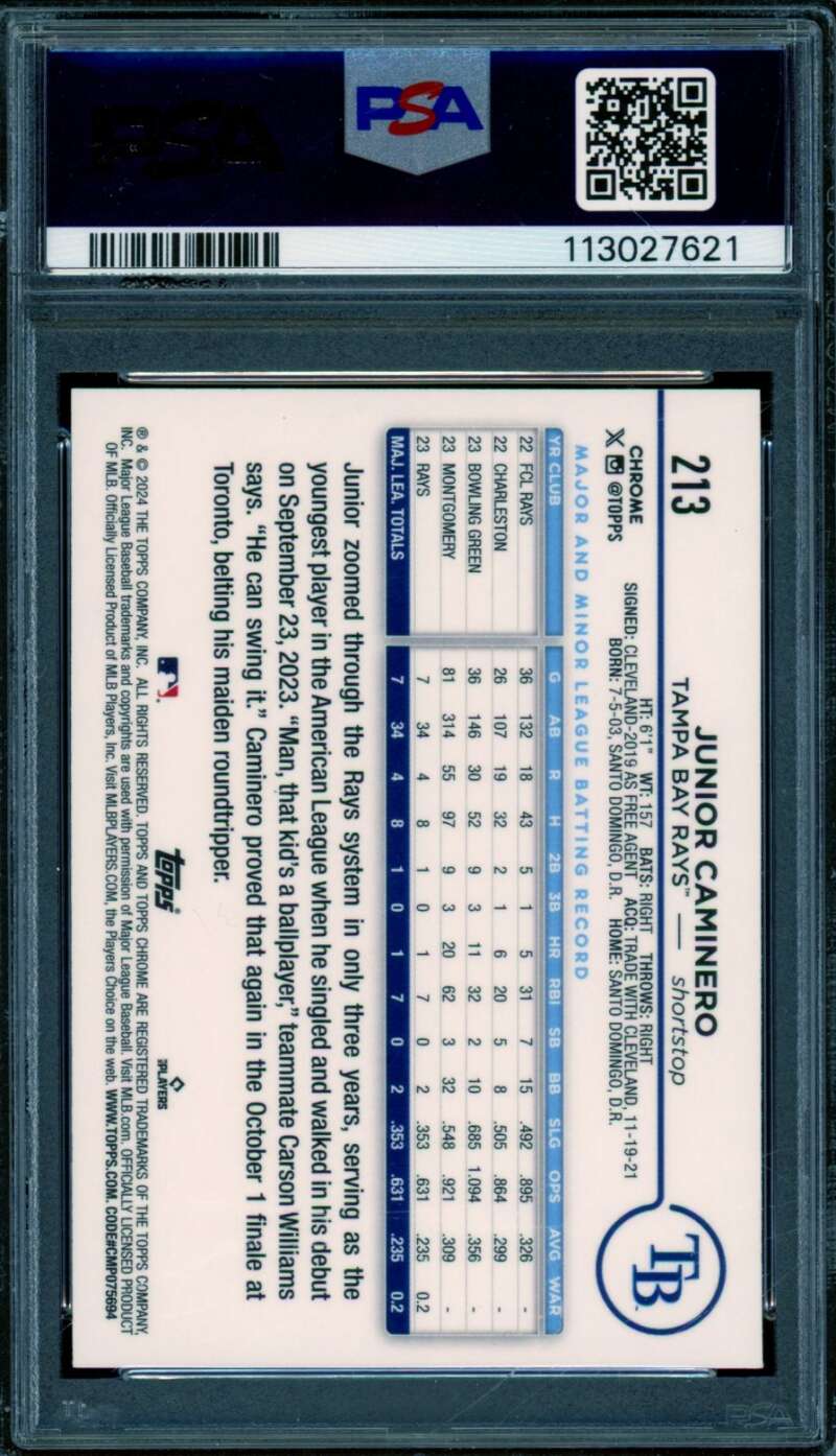 Junior Caminero Rookie Card 2024 Topps Chrome Blue Raywave #213 PSA 10 Image 2