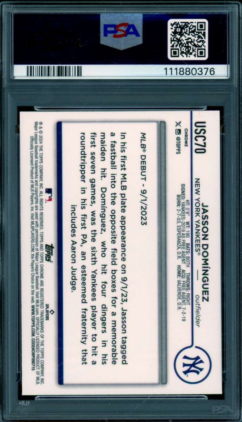 Jasson Dominguez Rookie 2024 Topps Chrome Update Raywave Refractor #USC70 PSA 10 Image 2