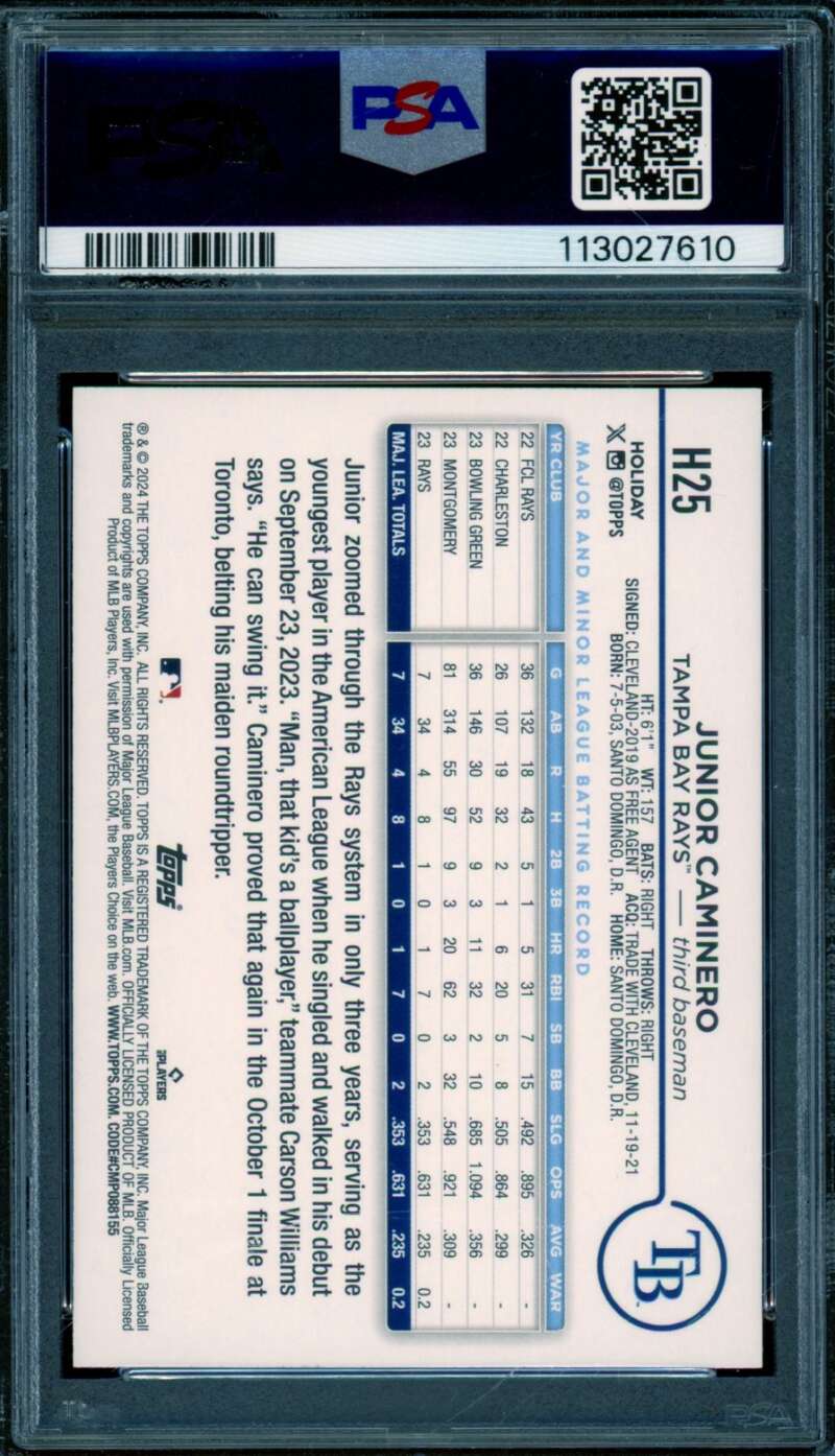 Junior Caminero Rookie Card 2024 Topps Holiday Variation (pop 14) #H25 PSA 10 Image 2