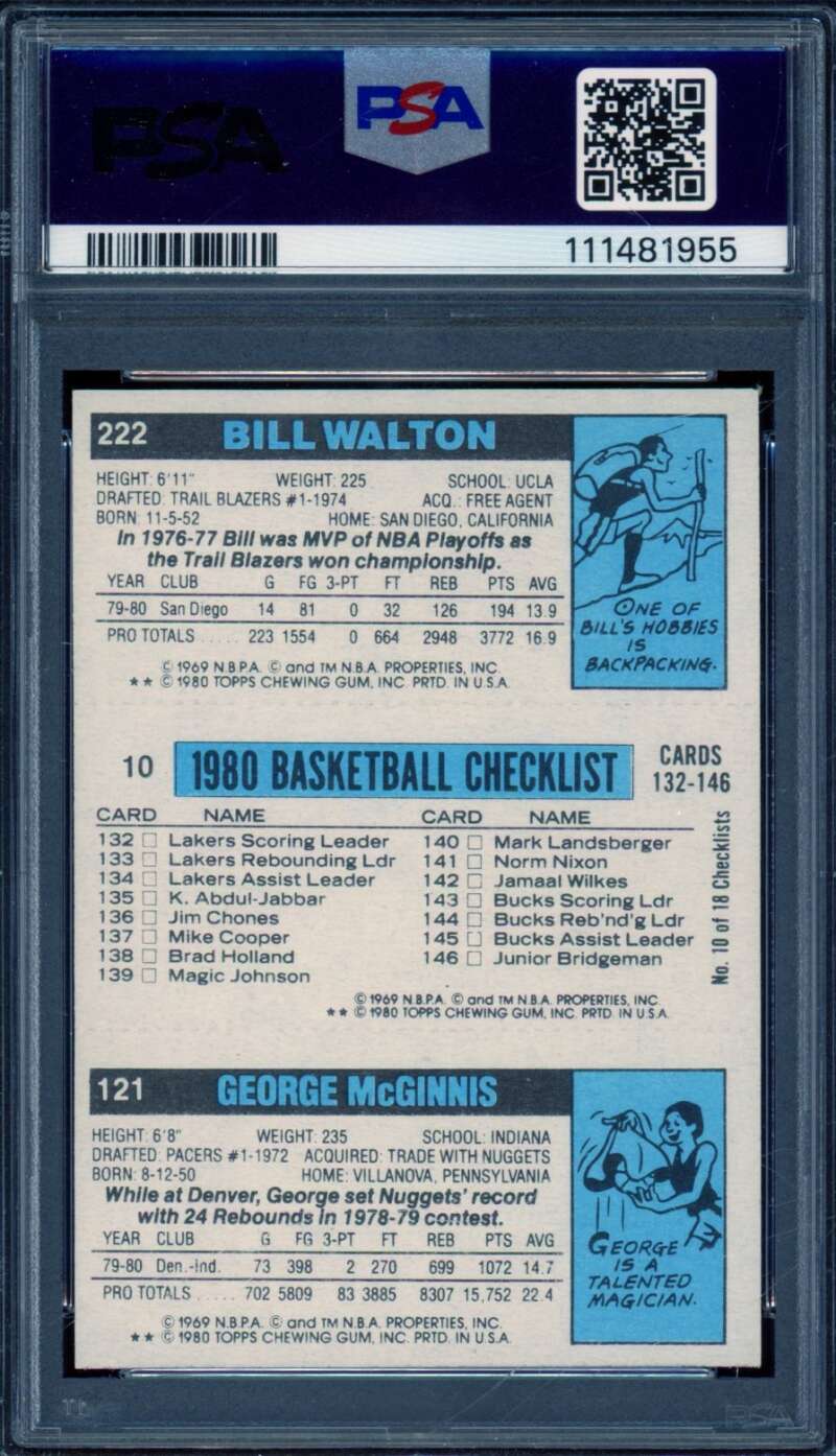 George McGinnis Bob Lanier Bill Walton Card 1980-81 Topps #127 PSA 8 Image 2