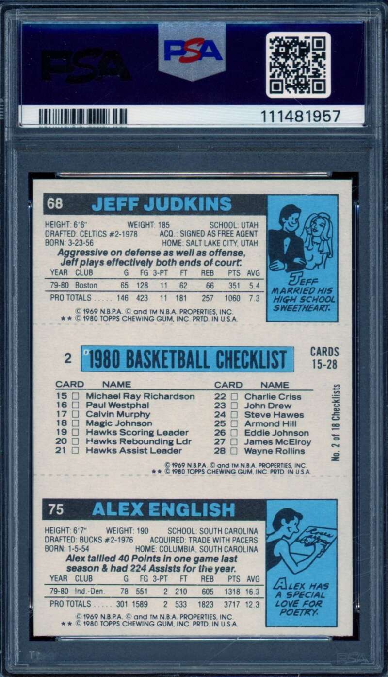Alex English Marques Johnson Jeff Judkins Card 1980-81 Topps #296 PSA 8 Image 2