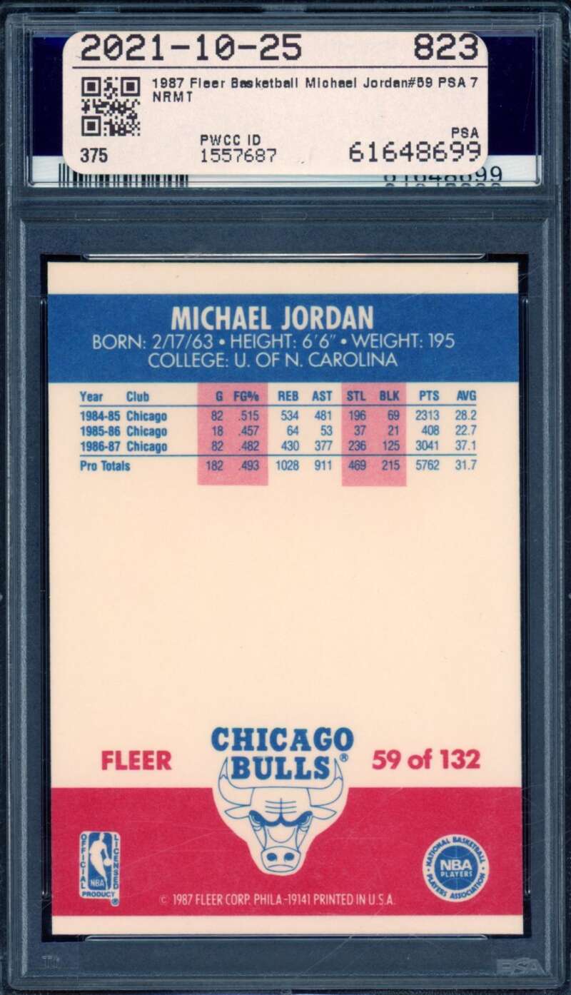 Michael Jordan Card 1987-88 Fleer #59 PSA 7 Image 2