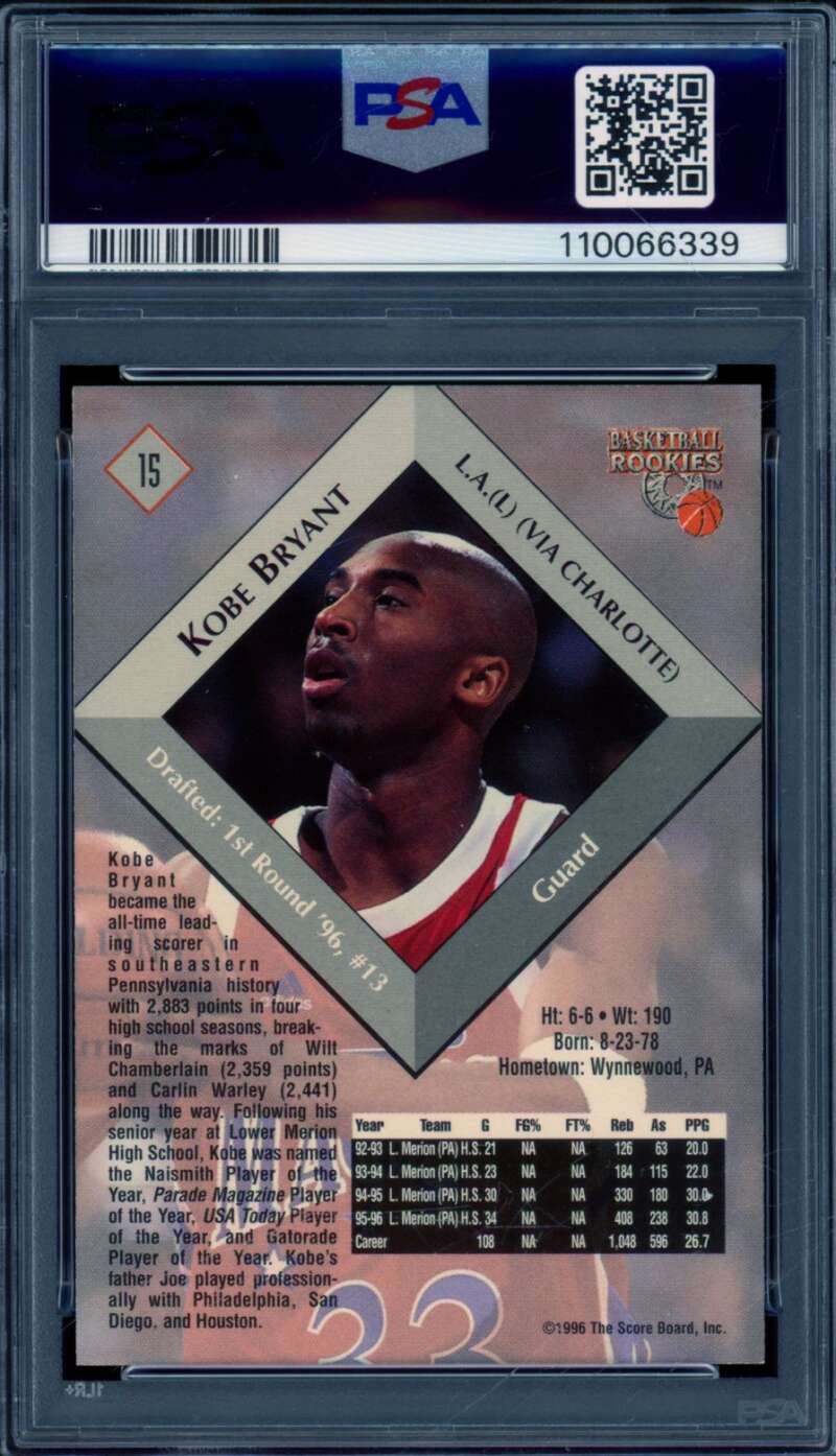 Kobe Bryant Rookie Card 1996 Score Board #15 PSA 9 Image 2