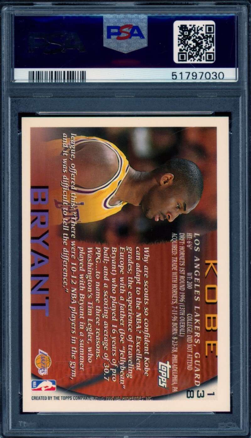 Kobe Bryant Rookie Card 1996-97 Topps #138 PSA 9 Image 2