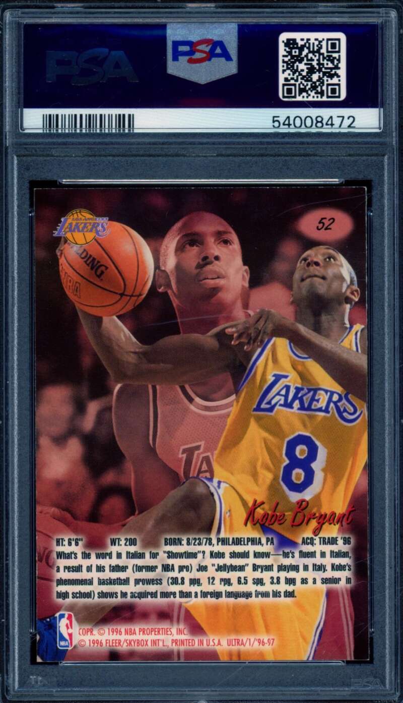 Kobe Bryant Rookie Card 1996-97 Ultra #52 PSA 9 Image 2
