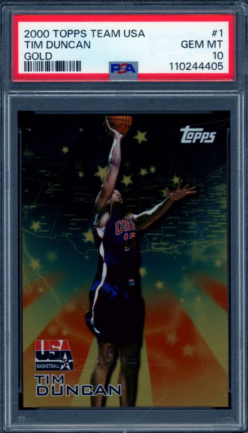 Tim Duncan Card 2000-01 Topps Team USA Gold #1 (pop 7) PSA 10 Image 1