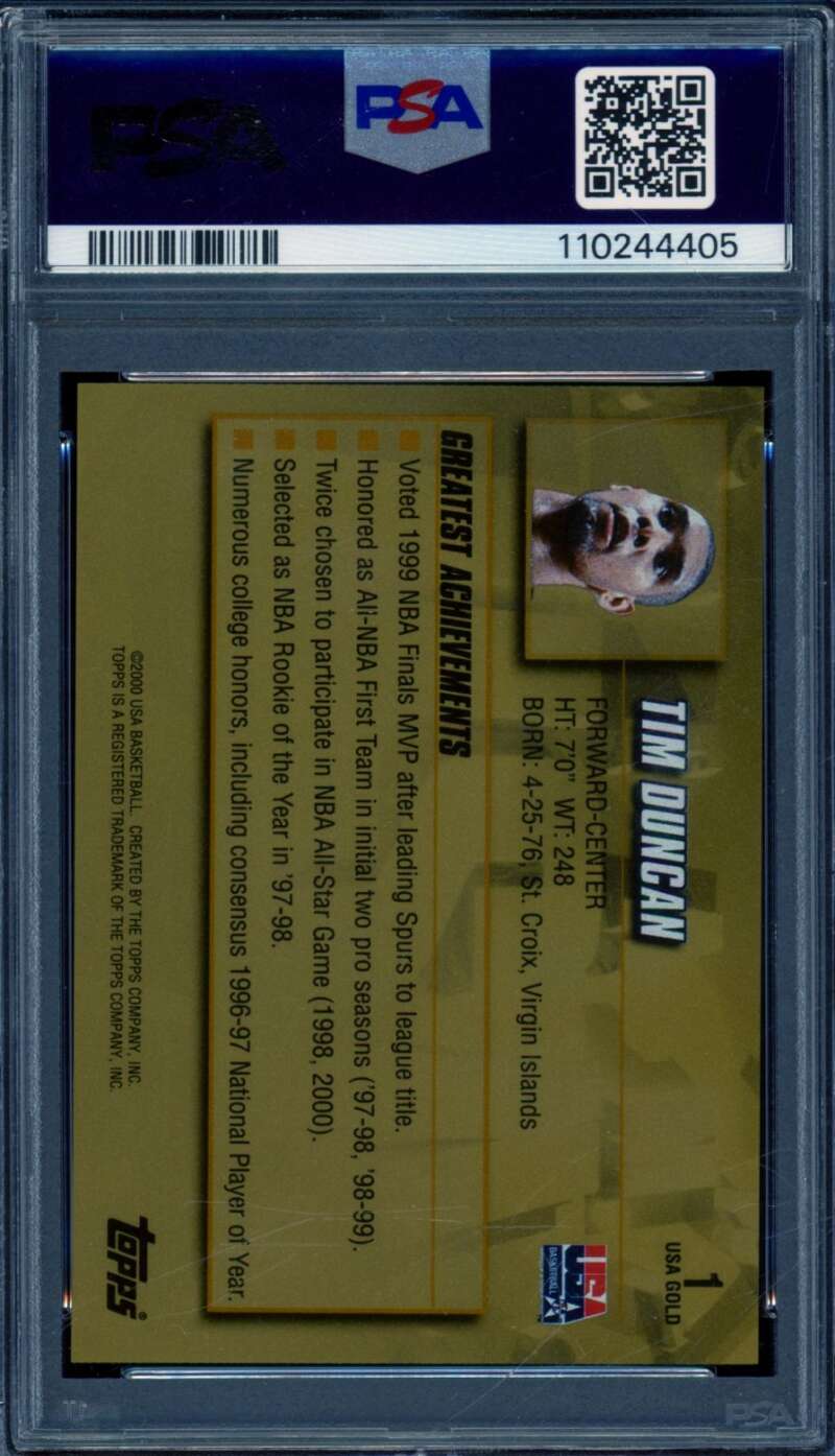 Tim Duncan Card 2000-01 Topps Team USA Gold #1 (pop 7) PSA 10 Image 2