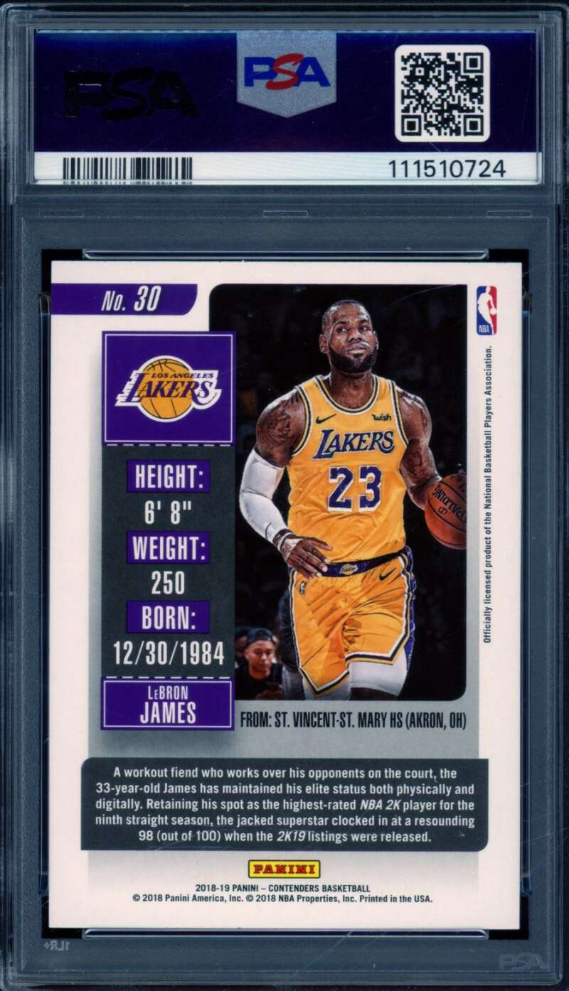 LeBron James Card 2018-19 Panini Contenders #30 PSA 10 Image 2
