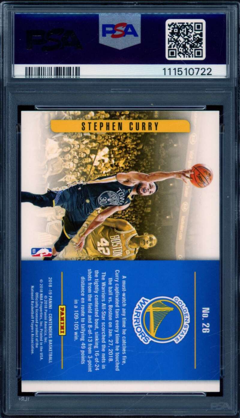 Stephen Curry Card 2018-19 Panini Contenders Playing The Numbers Game #26 PSA 10 Image 2