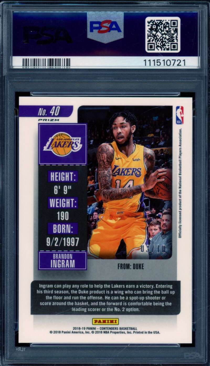 Brandon Ingram Card 2018-19 Panini Contenders Premium Gold (3/10) #40 PSA 9 Image 2
