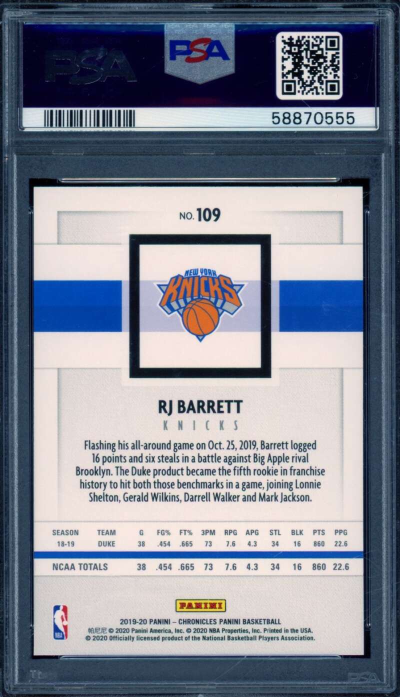 RJ Barrett Rookie Card 2019-20 Panini Chronicles #109 PSA 9 Image 2