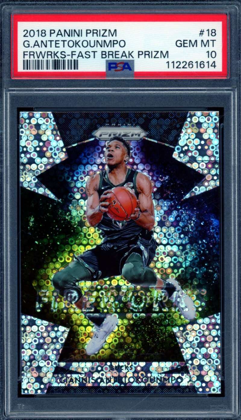 Giannis Antetokounmpo 2018-19 Panini Prizm Fireworks Fast Breat Prizm #18 PSA 10 Image 1