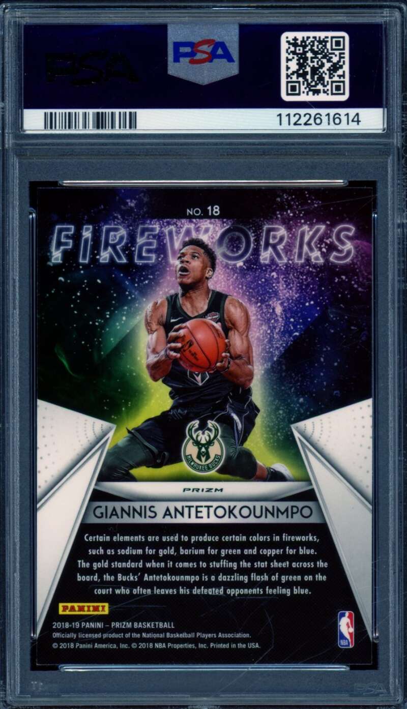 Giannis Antetokounmpo 2018-19 Panini Prizm Fireworks Fast Breat Prizm #18 PSA 10 Image 2