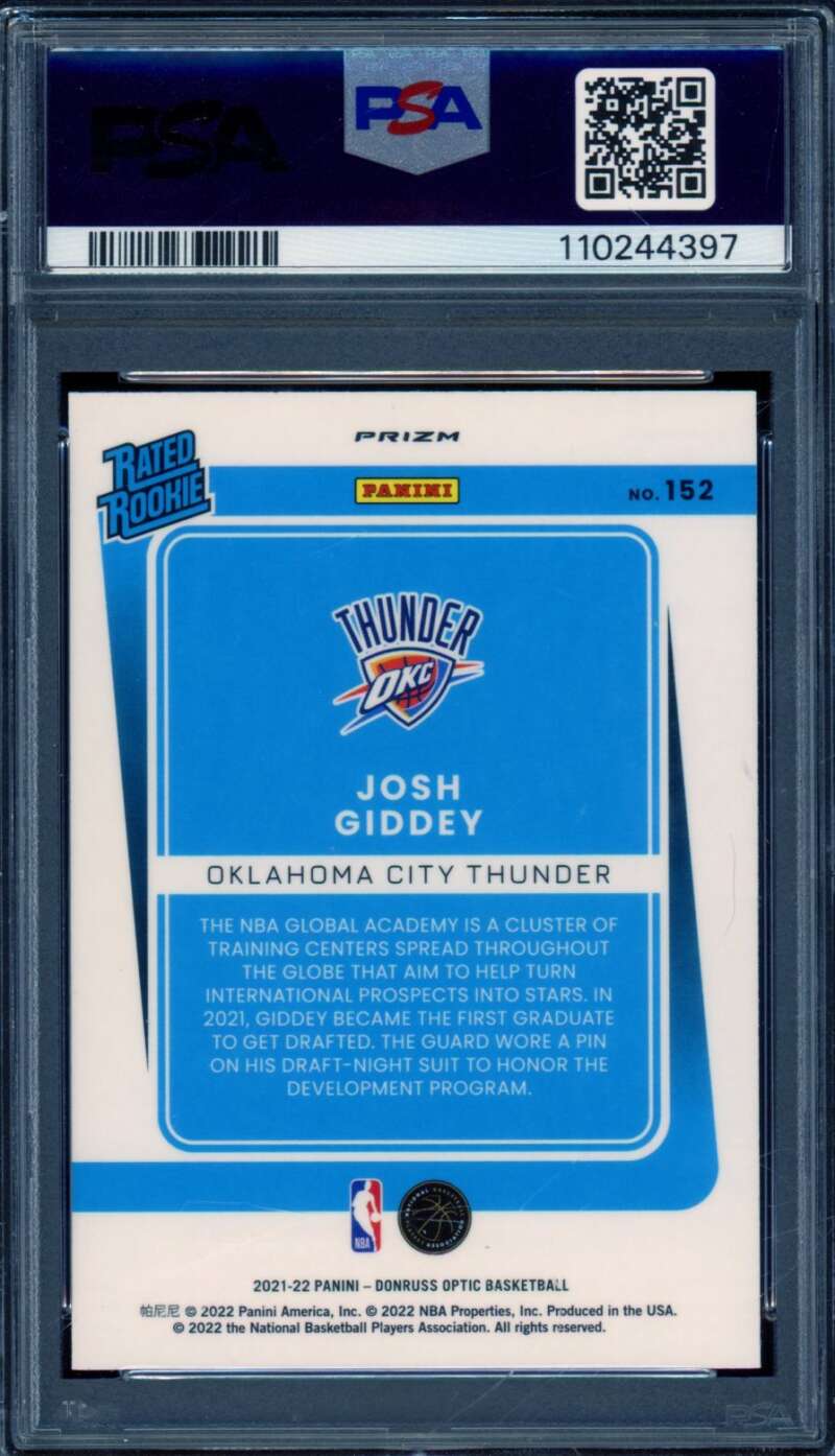 Josh Giddey Rookie Card 2021-22 Donruss Optic Blue Velocity #152 PSA 10 Image 2