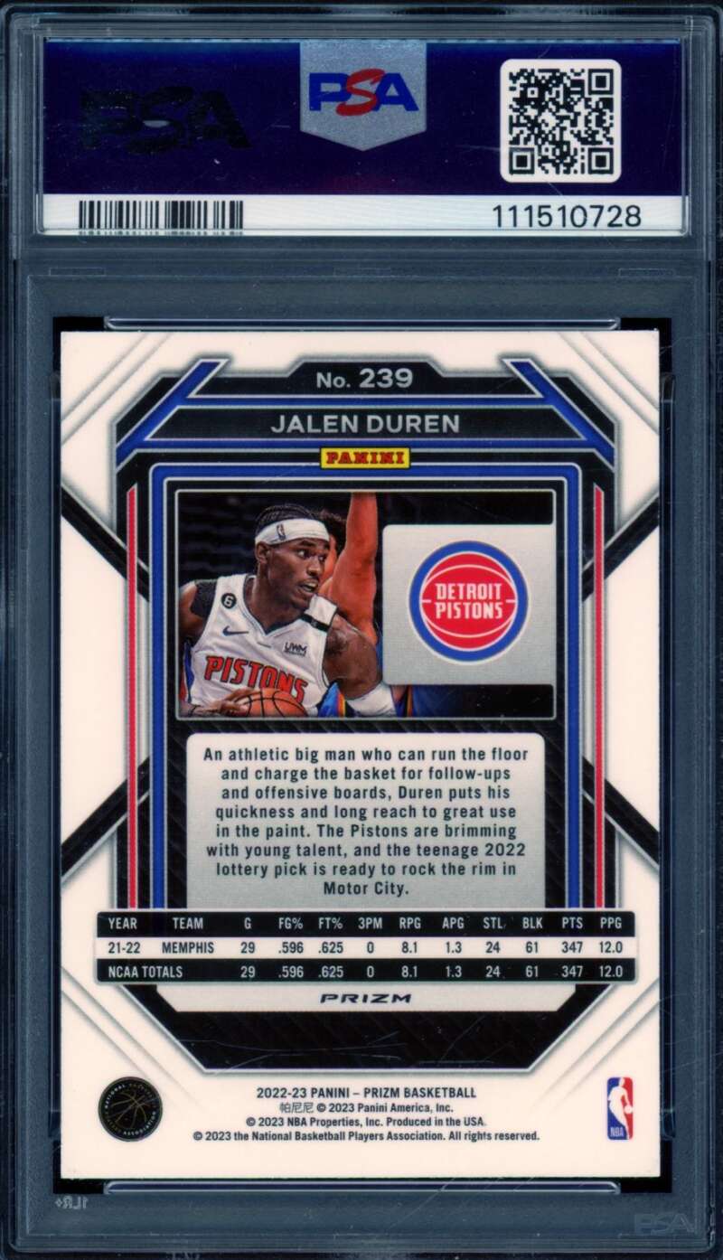 Jalen Duren Rookie Card 2022-23 Prizm Green Prizm (pop 15) #239 PSA 10 Image 2
