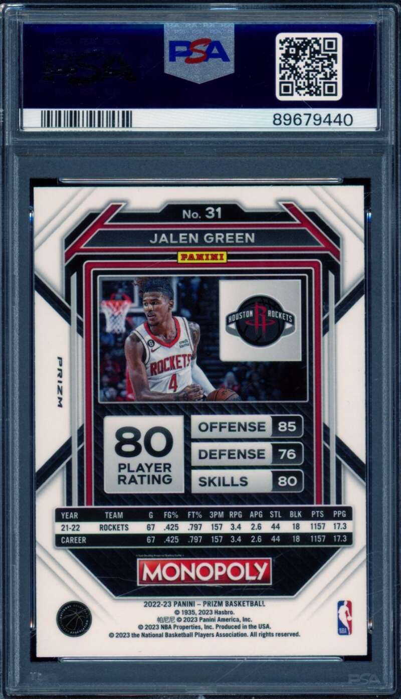 Jalen Green Card 2022-23 Prizm Monopoly Go Space (pop 7) #31 PSA 10 Image 2