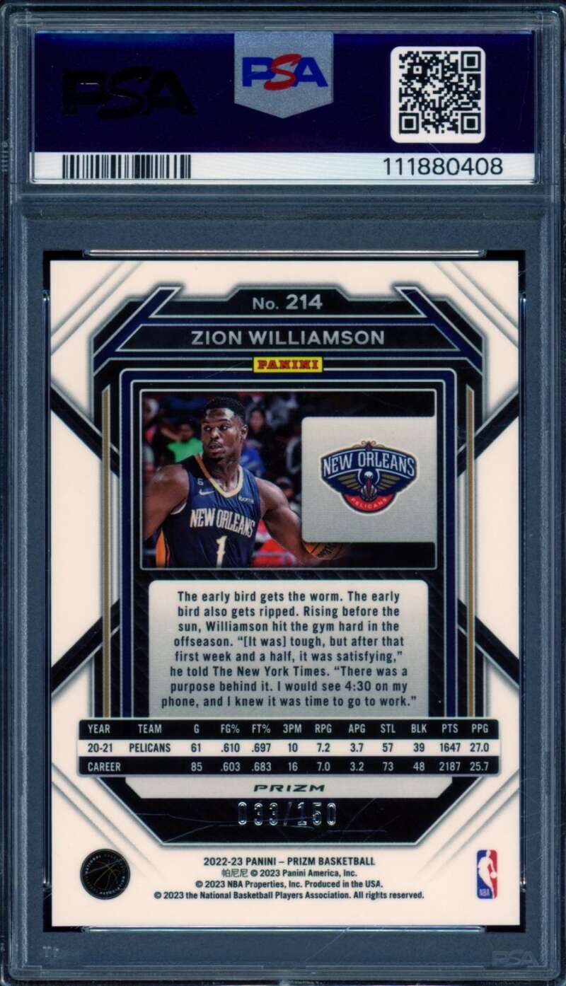 Zion Williamson Card 2022-23 Prizm Premium Factory Set (pop 1) #214 PSA 9 Image 2