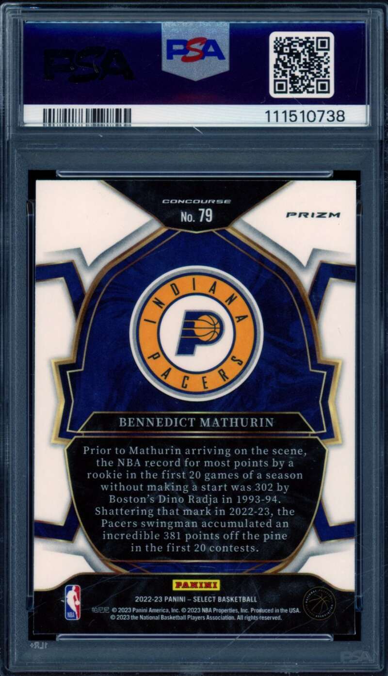 Bennedict Mathurin Rookie Card 2022-23 Select Orange Flash Prizm #79 PSA 10 Image 2