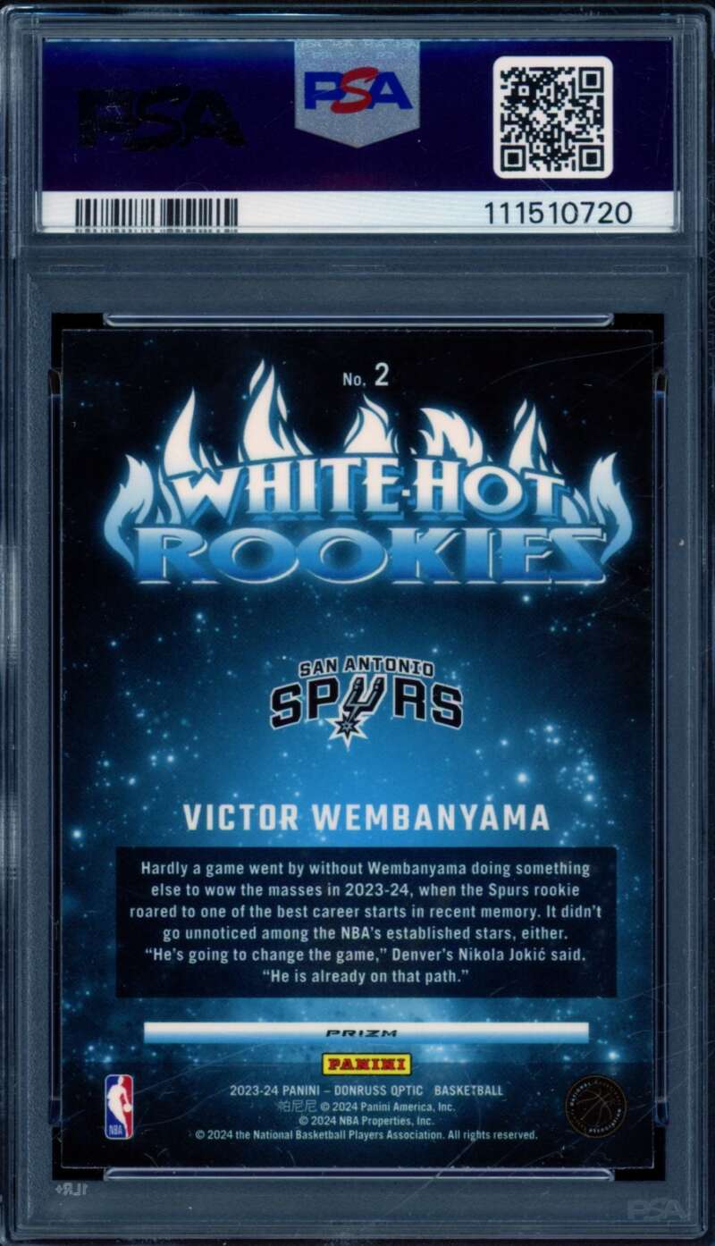 Victor Wembanyama Card 2023-24 Donruss Optic White Hot Rookies Purple #2 PSA 10 Image 2