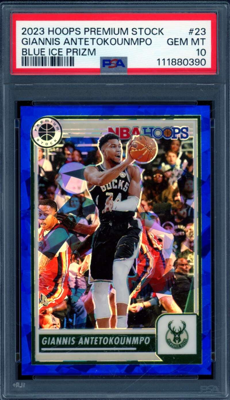Giannis Antetokounmpo Card 2023-24 Hoops Premium Stock Blue Ice Prizm #23 PSA 10 Image 1